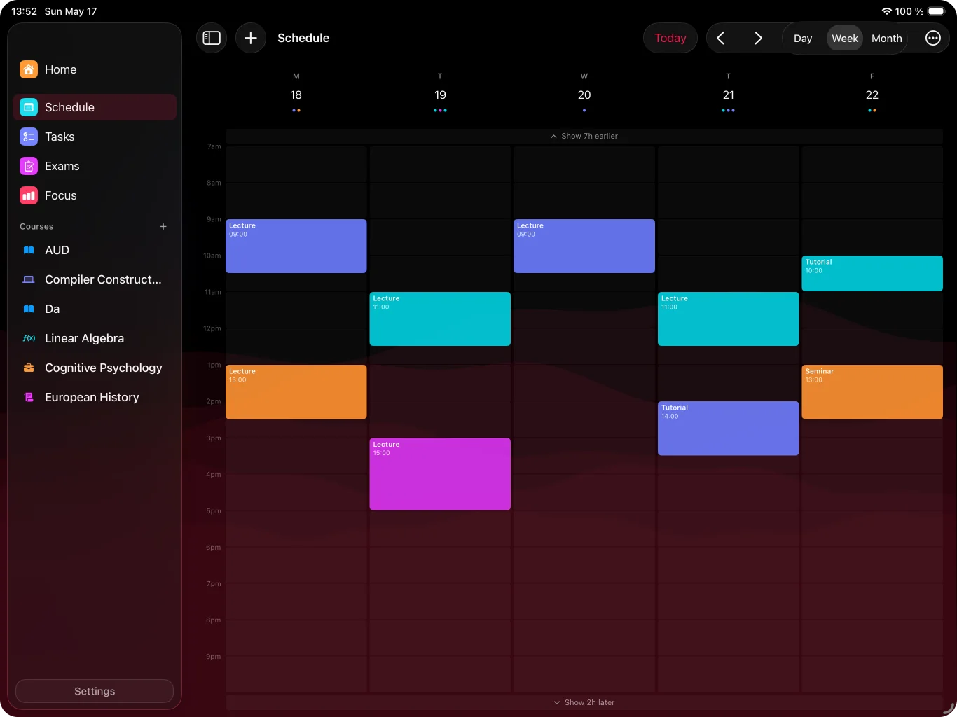 Weekly schedule on iPad